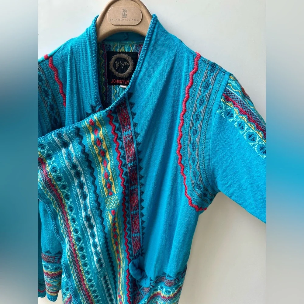 Johnny Was BIYA Embroidered Turquoise Open Front Cardigan Jacket Pockets Belt M - Picture 3 of 9